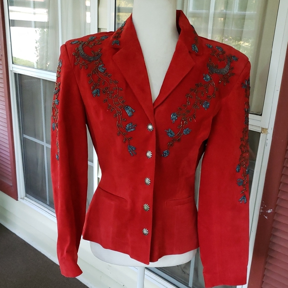 RENEGADE BY REN & ELLIS Embroidered Red Snap Button Pig Skin Women's Jacket